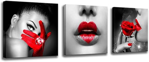Arte de pared para decoración de dormitorio, lienzo negro y rojo, impresión artística de labios de mujer sexy y rosa roja, póster sexy,