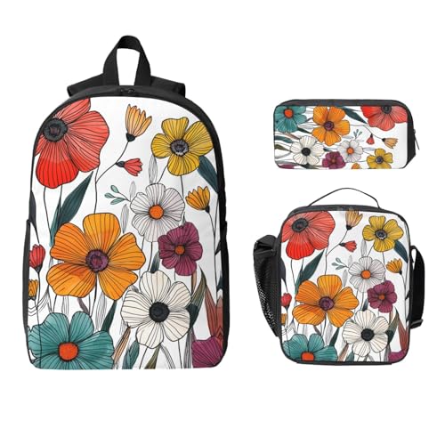 Bold Outline Doodle Floral Backpacks 3 Pcs Multifunction High capacity Travel Backpack with Fun Graphic Cartoon Print for Daily Commute