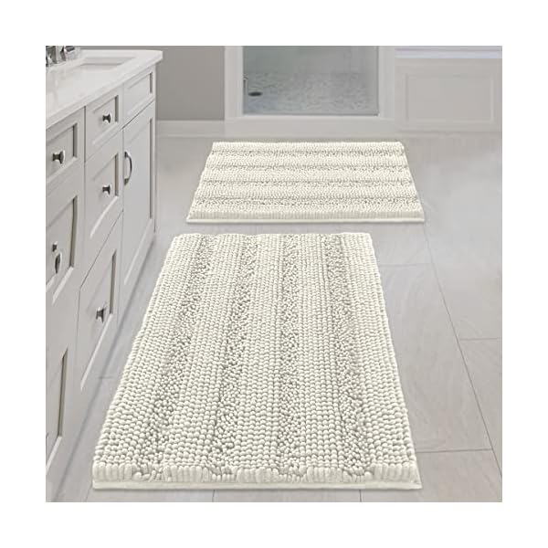 H.VERSAILTEX 2 Piece Bathroom Set Super Thick Soft Striped Shaggy Chenille Bath Mats Machine Washable Bath Rugs Set for Bathroom, Dry Fast Water Absorbent Bath Mats(Cream, 20" x 32"/17" x 24")