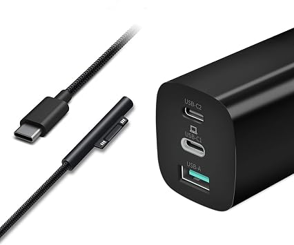 Sisyphy USB C GaN Charger for Surface Tablets, 65W GaNk Charger with 6ft Nylon Surface to USB C Cable, Compatible for Microsoft Surface Pro 10 7/6/5/4/3 Surface Go 4/3/2/1, Black, GaN-001US