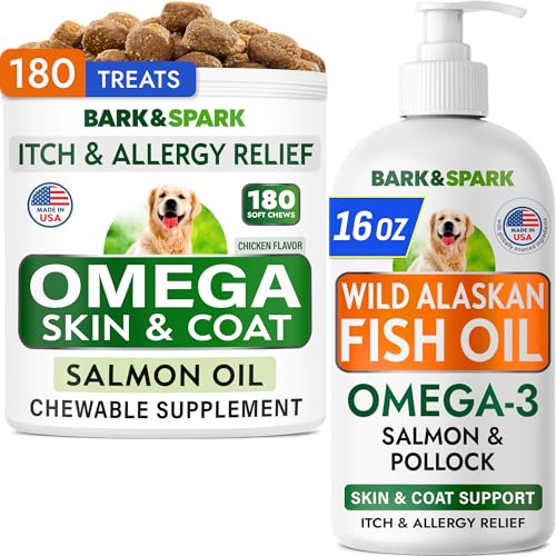 Image of BARK&SPARK Omega 3 + Fish Oil for Dogs - Skin Allergy Chews, Itch Relief, Hot Spots Treatment - Fish Oil Liquid Supplement for Pets, EPA+DHA Fatty Acids, Skin & Coat Support - Bundle: 180 Ct + 16 Oz