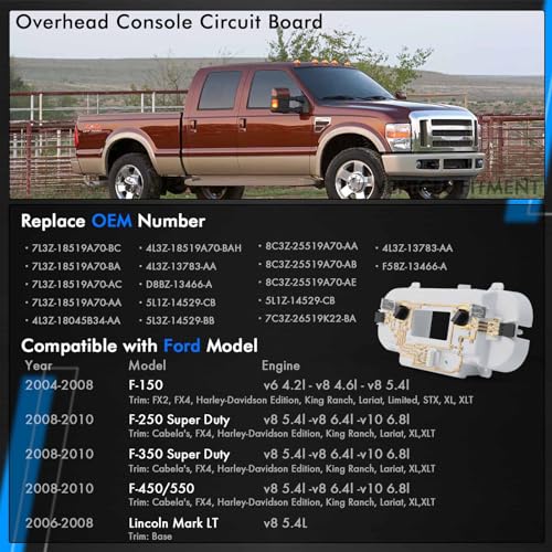 Image of Overhead Console Circuit Board, Dome Map Light Compatible with Ford Models | for Ford F150 2004-2008, F250 F350 2008-2010, Lincoln Mark LT 2006-2008, Replace# VM2396 829182