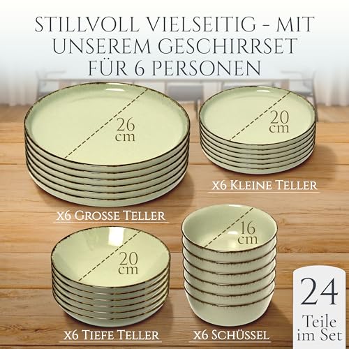 Steingut Geschirrset 6 Personen Rustic 24 tlg. TESTSIEGER, Hochwertiges Landhaussttil Steingut Geschirr Set, Schüssel- und Teller Set, Tafelservice 6 Personen, Geschirrsets Pure Living in Mintgrün