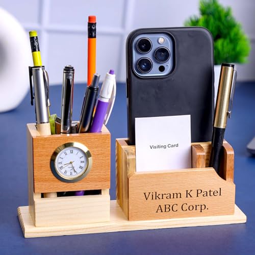 Image of Deskart Customized Multipurpose Pen Holder Stand | Premium Wooden Desk Organizer with Clock, Business Visiting Card and Mobile Holder