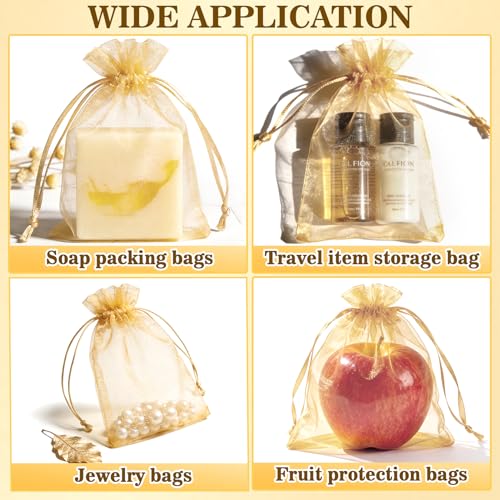 Image of Sukh Gold Organza Bags 5''x7'' - 100pcs Sheer Mesh Drawstring Bags for Jewelry, Soap, Fruits, Candy, Small Gift Bags for Weddings, Valentine's Day, Mother's Day, Halloween, Thanksgiving, Christmas