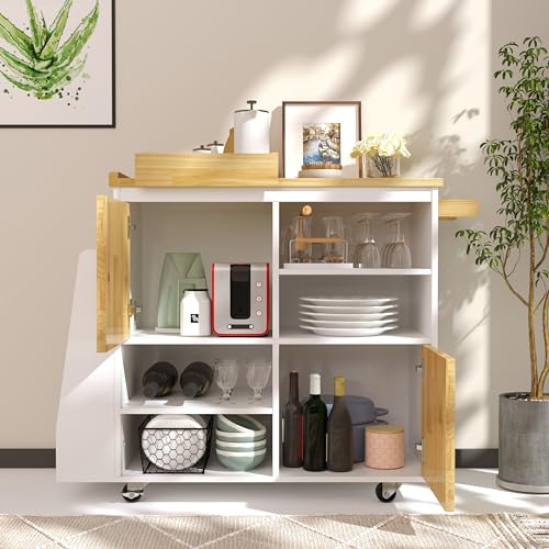 Image of NSdirect Kitchen Island with Storage,Rolling Kitchen Island on Wheels Portable cart Rolling with Spice Racks Towel Holder Utility Trolley with Wood Tray for Home Hotel Kitchen Dinning Room,White