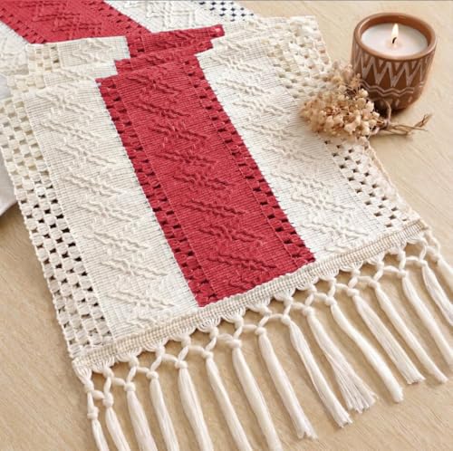 Image of FEXIA Boho Table Runner with Tassels for Home Decor 12x72 Inches Red