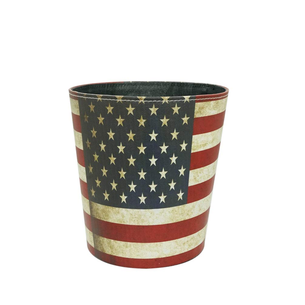 DreamsEden Vintage Leather Trash Can - Retro Waste Toillet Paper Bin Basket for Bathroom Bedroom Office (American Flag)