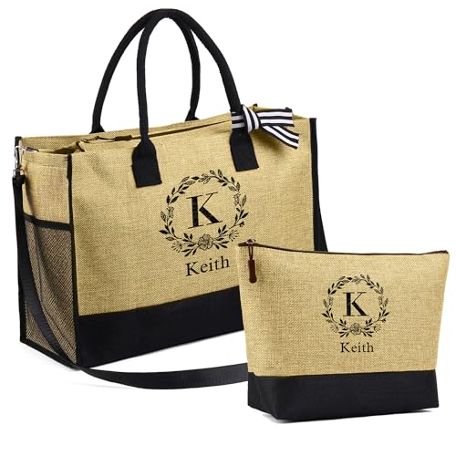 Personalized Canvas Tote Bag for Women - Custom Initial Name Jute Handbag Set with Makeup Bag - Customized Gift for Woman