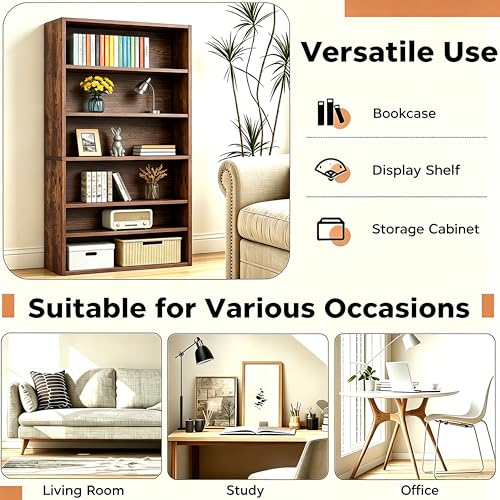 Image of HealSmart 6 Tier Bookcase, Industrial 6 Book Shelf, 9.2 inch D x 23.8 inch W x 63 inch H Tall Open Cube Storage Organizer for Home Office, Living Room, Bedroom and Dinning Room, Brown