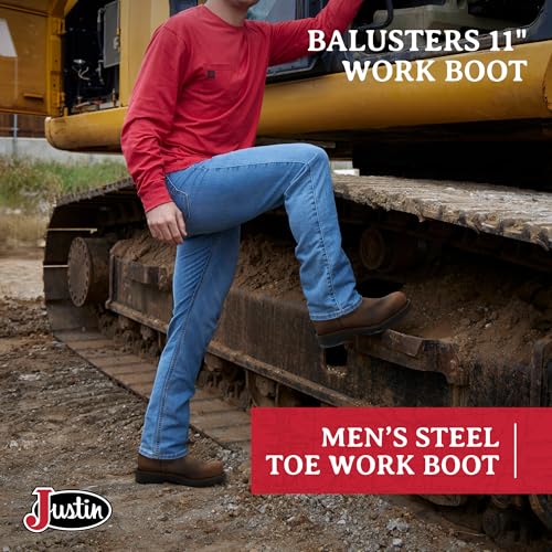 Justin Balusters 11" Steel Toe Work Boots for Men - Round Toe Full-Grain Leather Pull-On Steel Toe Boots with Slip-Resistant Outsole, EH Rated2