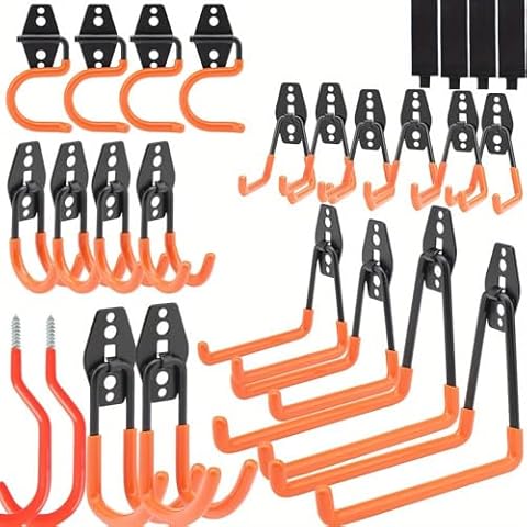 Aignis Upgraded 26 Packs Garage Hooks Utility Double Heavy Duty with Mop Broom Holders, Wall Mount Hooks, Garage Storage Organization and Tool Hangers for Power ＆ Garden Tools, Ladders, Bikes(Orange) Cover