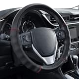 Motor Trend Faux Leather Steering Wheel Cover, Standard 15 inch Size, Comfort Grip Design, Solid Black Car Steering Wheel Cover for Truck Van SUV Auto