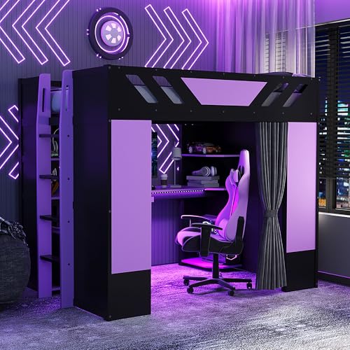 SOFTSEA Full Size Gaming Loft Bed with Desk RGB LED Lights USB Ports, Esports Wood Loft Bed with Storage Shelves Keyboard Tray and Blackout Curtains for Kids Teens Gamers, Purple Black