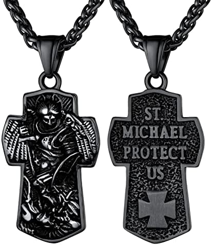 bandmax Men Faith Pendant Necklace Stainless Steel St.Michael Guardian Necklace The Archangel Protection Amulet Necklace -with 22+2" Spiga Chain