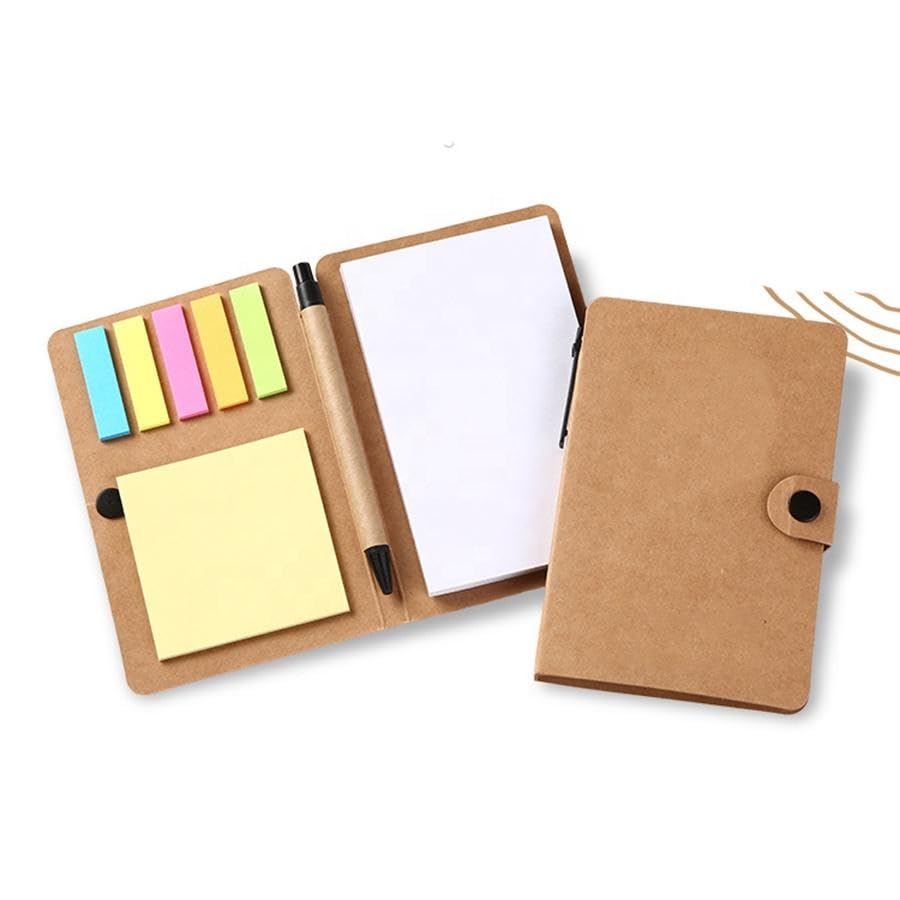 Image of AccuPrints Compact Sticky Notes Organizer with Pen Holder Kraft Paper Cover Colorful Sticky Tabs Button Closure 15.3x10cm