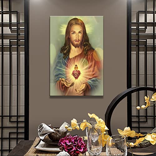 Framed Sacred Heart Of Jesus Wall Canvas Art Decor Divine Mercy Catholic Christianity For Faith Living Room Bedroom Dining Room For Parents Poster Pictures Painting Framed 24X36 Inch #TOP6