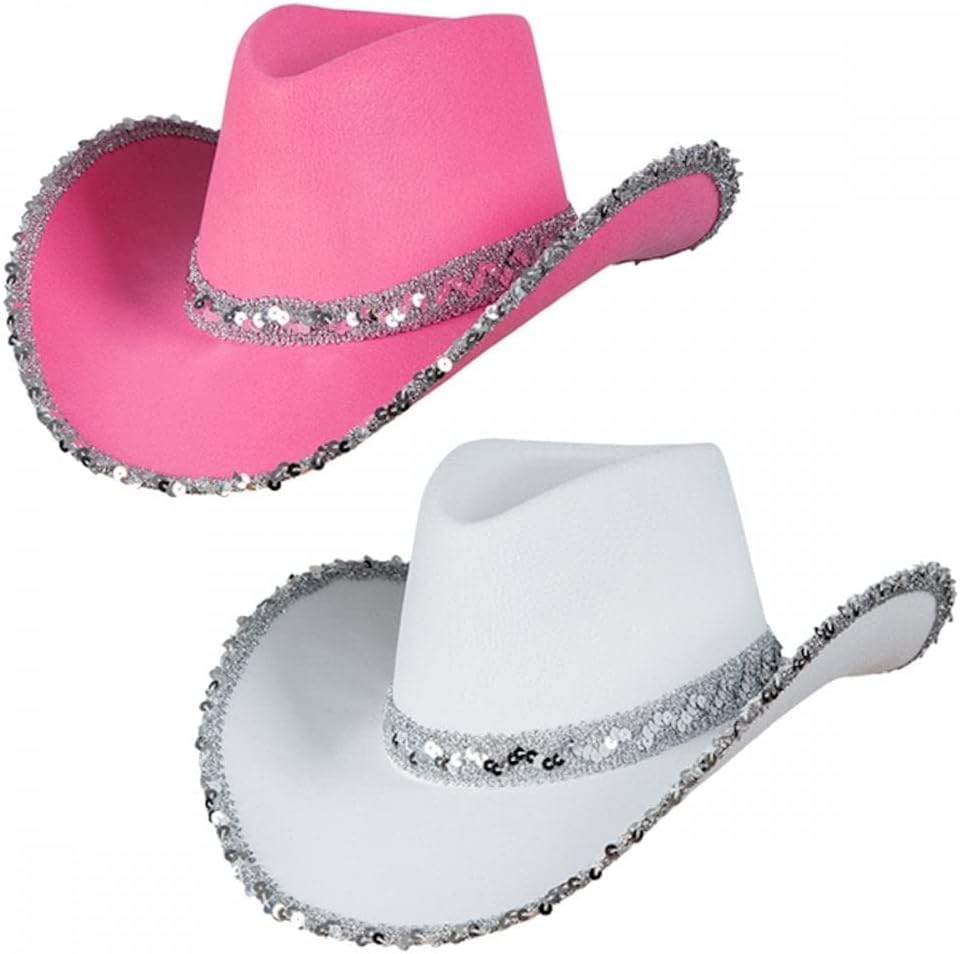 A2ZFD Pack of 2 x Adult Ladies Texan Cowboy Hats (1 x Pink Sequin + 1 x White Sequin) : Wild West Cowgirl Hen Night Fancy Dress Accessory