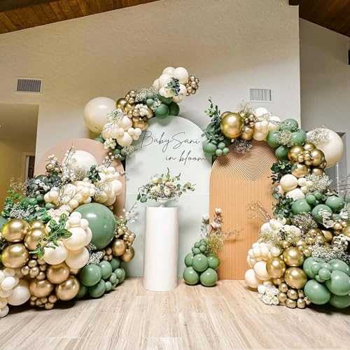 Image of 412Pcs Sage Green White Sand Gold Balloons Garland Arch Kit,18 12 10 5 Inch Different Sizes Balloons for Baby Shower Wedding Birthday Gender Reveal Party Decoration