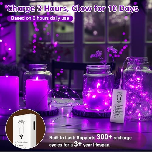 Image of 6 Pack Rechargeable Fairy Lights with Remote & DIY Timer, 7ft 20LED Dimmable Silver Wire String Light for Mason Jar, Mini Twinkle Lights for Indoor Christmas Bedroom Wedding Decor, Purple