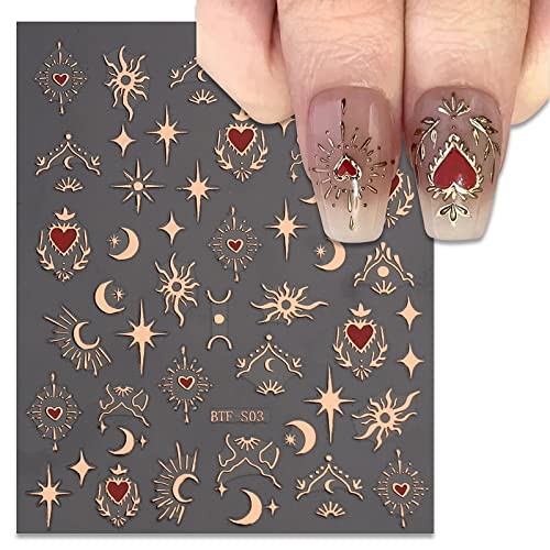 6 Sheets Gold Nail Art Stickers Bronzing Sun Heart Nail Decals 3D Self-Adhesive Sliver Moon Nail Stickers Rose Gold Starlight Star Nail Designs Sticker For Women Diy Acrylic Nail Art Supplies #TOP2
