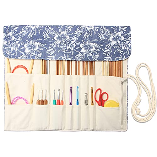Teamoy Knitting Needles Holder Case(up to 14 Inches), Rolling Organizer for Straight and Circular Knitting Needles, Crochet Hooks and Accessories, Blue Flowers - NO Accessories Included by Teamoy - Used condition - US$21.59
