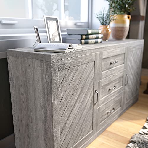 Belleze Sideboard, Console Table Or Buffet With Three Drawers & Four Shelves, Space Saving Media Storage Cabinet, Holds Up To 70Lbs - 60 Inch - Hilo (Gray Wash) #TOP3