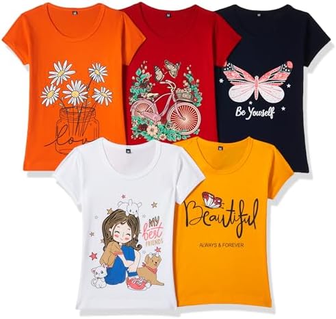 T2F Girls Cotton Printed Regular Fit T-Shirt (Pack of 5)