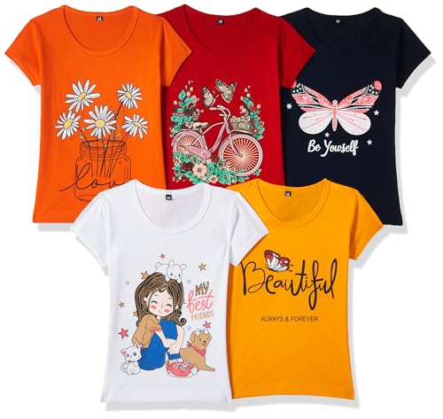 Image of T2F Girls Cotton Printed Regular Fit T-Shirt (Pack of 5)
