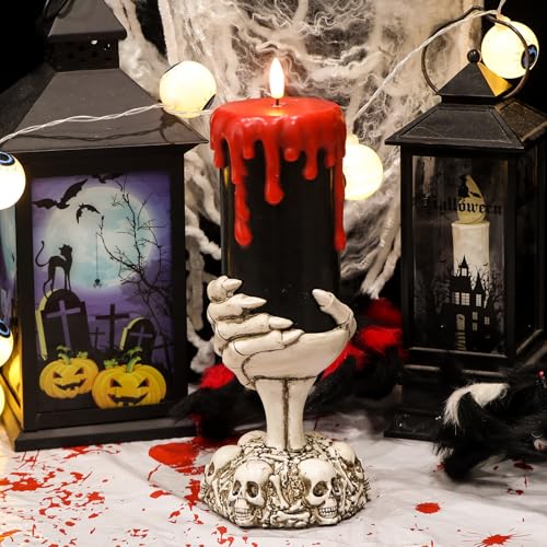 DRomance Black Flameless Flickering Candles with Timer, Blood Dripping Wax Effect Battery Operated LED Pillar Candle with Skeleton Hand Candle Holder Halloween Table Centerpiece Decor(4" x 11") by DRomance - Image 4