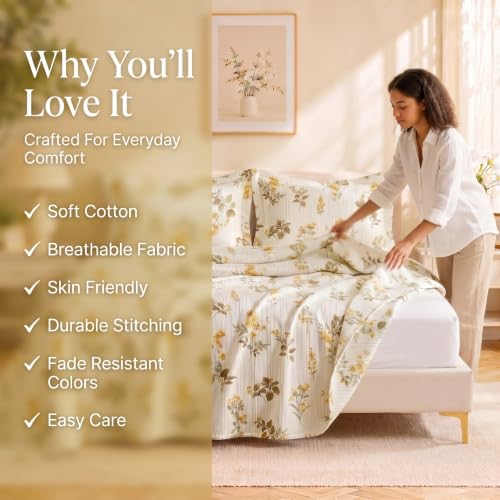 Image of SANMARINO Cloud Cotton 210 TC King Size Bedsheet with 2 Pillow Covers | Ultra Soft & Breathable | Floral Design Bedding Set | Hotel-Quality Comfort for a Luxurious Sleep | 270 x 250 cm | Sage Mist