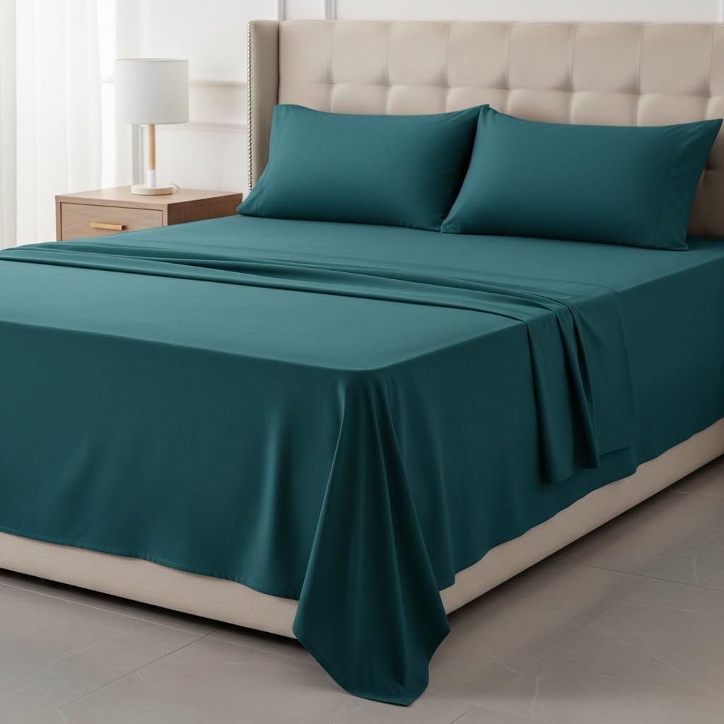 800 Thread Count 100% Pure Cotton 4-Piece Bed Sheet Set, Queen Size, Teal, Solid, Deep Pocket Fitted Sheet, Envelope Closure Pillowcases