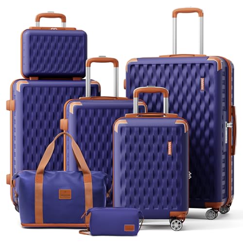 Melalenia Luggage Sets 7 Piece Hard Shell Carry on Suitcase with Spinner Wheels and TSA Lock, Lightweight Travel Duffel Bag for Women, Men, Navy Brown by Melalenia - Used condition - US$142.99