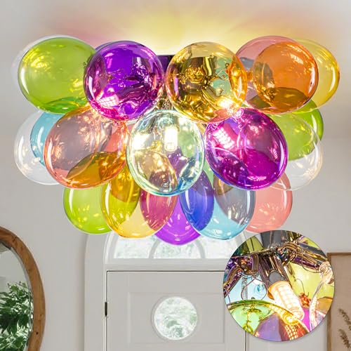Vcozar Semi Flush Mount Bubble Chandelier,Close to Ceiling Light Fixtures,20" Modern Bubble Balloon Glass Chandelier with Colorful Globe Glass Shades Pendant Light (Colorful Ceiling, 20 inch)