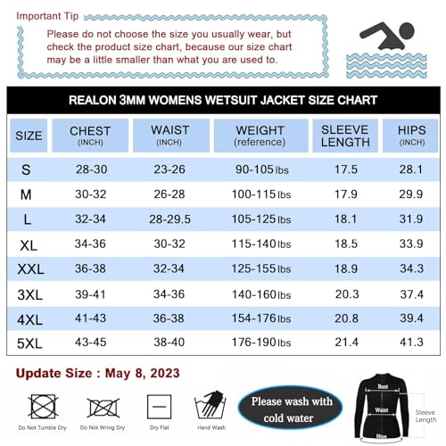 REALON Jaqueta feminina masculina 2 mm neoprene manga longa colete com zíper frontal 3 mm terno molh