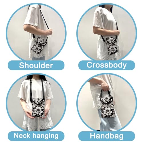 Image of Neoprene Cell Phone Sleeve Pouch Case Bag with Crossbody Strap Neck Lanyard for Women 7.5 X 4.3 in Flower Black