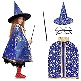 LNCOJOLM Witch Costumes Hat Wizard Cloak Cape Wand for Kids Boy Girl 3-8 Cosplay Birthday Party Accessories, Magician Role Play Costume Decorations Stage Performance Photo Props - Blue