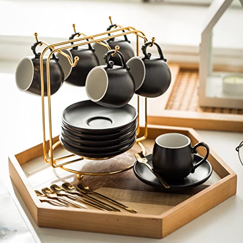 Lyeoboh Espresso Cups And Saucers Set, Ceramic Coffee Cups With Spoons Amd Metal Stand, 3 Ounces Demitasse Cups For Espresso, Cappuccino, Latte, Set Of 6, Black #TOP3