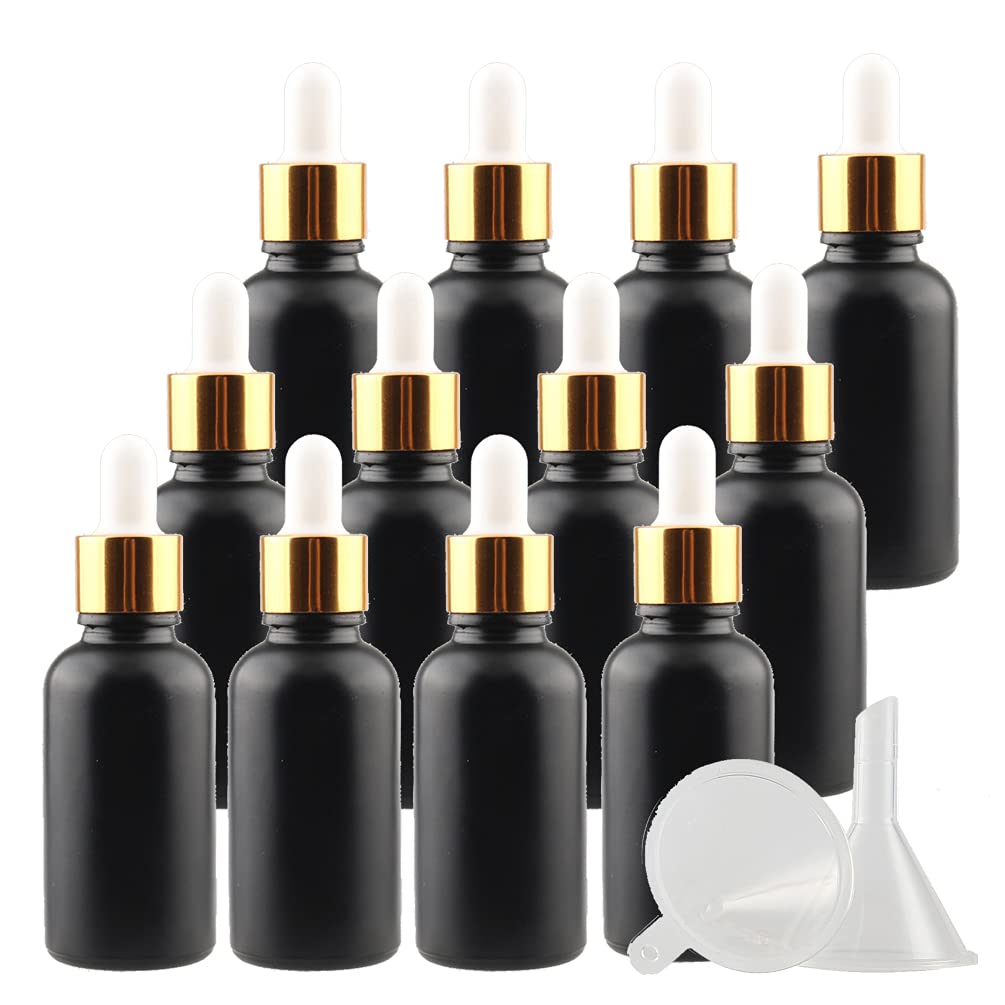 12 Pieza 30ml Negro Mate Botellas de Cristal con Pipeta, 30 ml Frasco Cuentagotas Cristal con Tapón de Rosca Oro, Botella de Vidrio con Cuentagotas para Aceite Esencial Aromaterapia