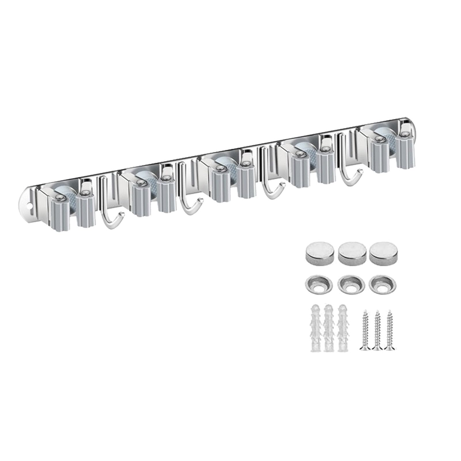 Beilala Mop Broom Holder Wall Mounted Heavy Duty, Self Adhesive Tool Holder Rack with 5 Clips 4 Storage Hooks Outdoor for Utility Room, Kitchen, Bathroom, Garage, Laundry, Garden and Office
