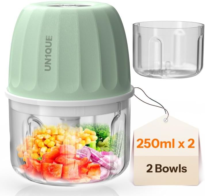 UN1QUE Rechargeable Mini Electric Chopper for Kicthen | One-Touch Operation | 2 Bowls= 500ML | 304 Stainless Steel Blades | Chopper Electric for Chop, Mince, Puree, Whisk, Grind (Green)