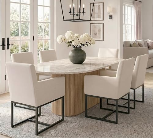 HNY Mid Century Modern Upholstered Dining Chairs with Arms Set of 6, Linen Accent Chairs with Black Finish Metal Frame, 19" Wide Arm Chairs for Living Room Kitchen Bedroom, Cream