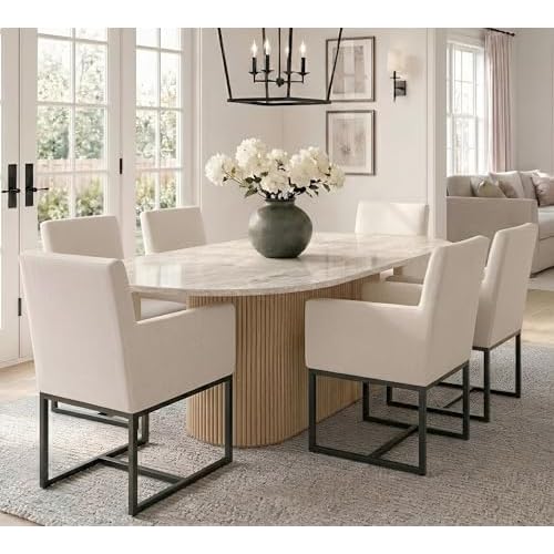 HNY Mid Century Modern Upholstered Dining Chairs with Arms Set of 6, Linen Accent Chairs with Black Finish Metal Frame, 19" Wide Arm Chairs for Living Room Kitchen Bedroom, Cream