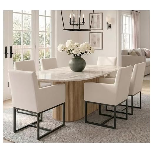 HNY Mid Century Modern Upholstered Dining Chairs with Arms Set of 6, Linen Accent Chairs with Black Finish Metal Frame, 19" Wide Arm Chairs for Living Room Kitchen Bedroom, Cream