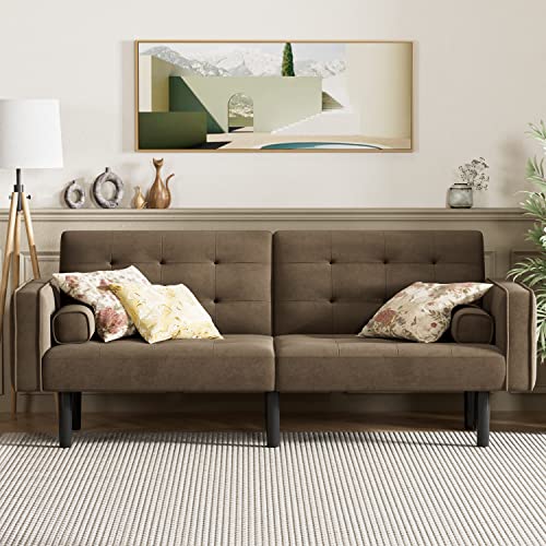 Yeshomy Futon Sofa Bed Convertible Sectional Sleeper Couch, Splitback Loveseat With Tapered Legs, 74", Small Lounge For Living Room, Study And Bedroom, Brown #TOP1