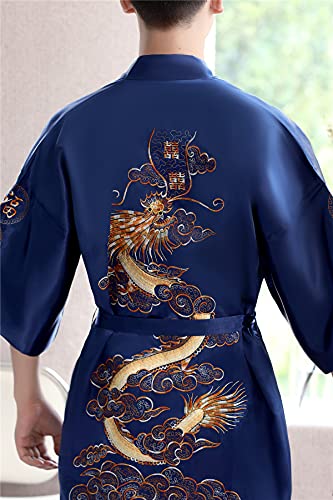 Shanghai Story Men's Robe Dragon Pattern Bathrobe With Waistband L Navy #TOP5