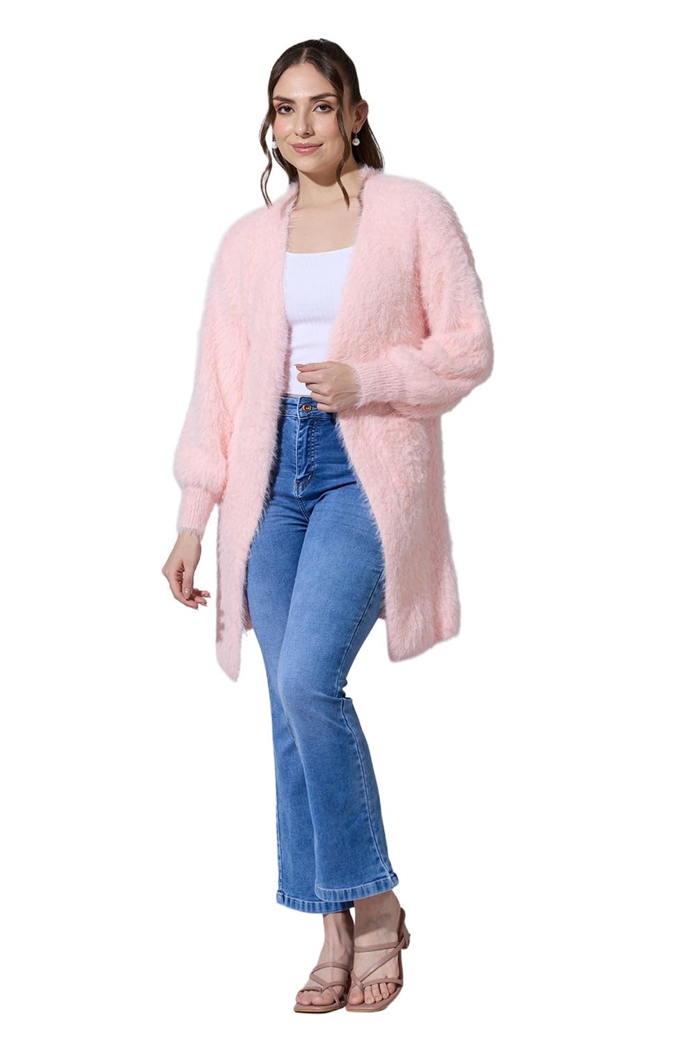 Women's Fuzzy Knit Pink Long Open Front Shrug-CHN-21173_Pink-P-image-35