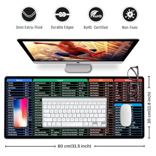 Image of Tukzer Extended Gaming Mouse Pad /Desk Mat with Windows & Office Excel Shortcuts Key for Speed & Precision Operation, Non-Slip Rubber Base for Laser & Optical Mouse, Computer, Laptop,Keyboard 580x280mm