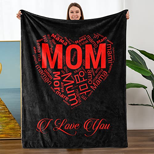 TURMTF Mothers Day Birthday Gifts for Mom, I Love You Mom Blanket 100 Languages Mom, Best Gifts for Mom from Daughter Son, Mom Throw Blanket for Couch Bed Mom Black Blanket 56"x71"