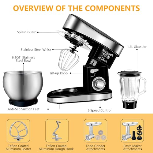 Image of Multifunctional Stand Mixer, 6 in 1 Stand Mixer, 6.3Qt Tilt-head, Standing Mixer with Stainless Steel Bowl, Meat Grinder, Juice Blender, for professional Baking and Most Home Cooks, Black